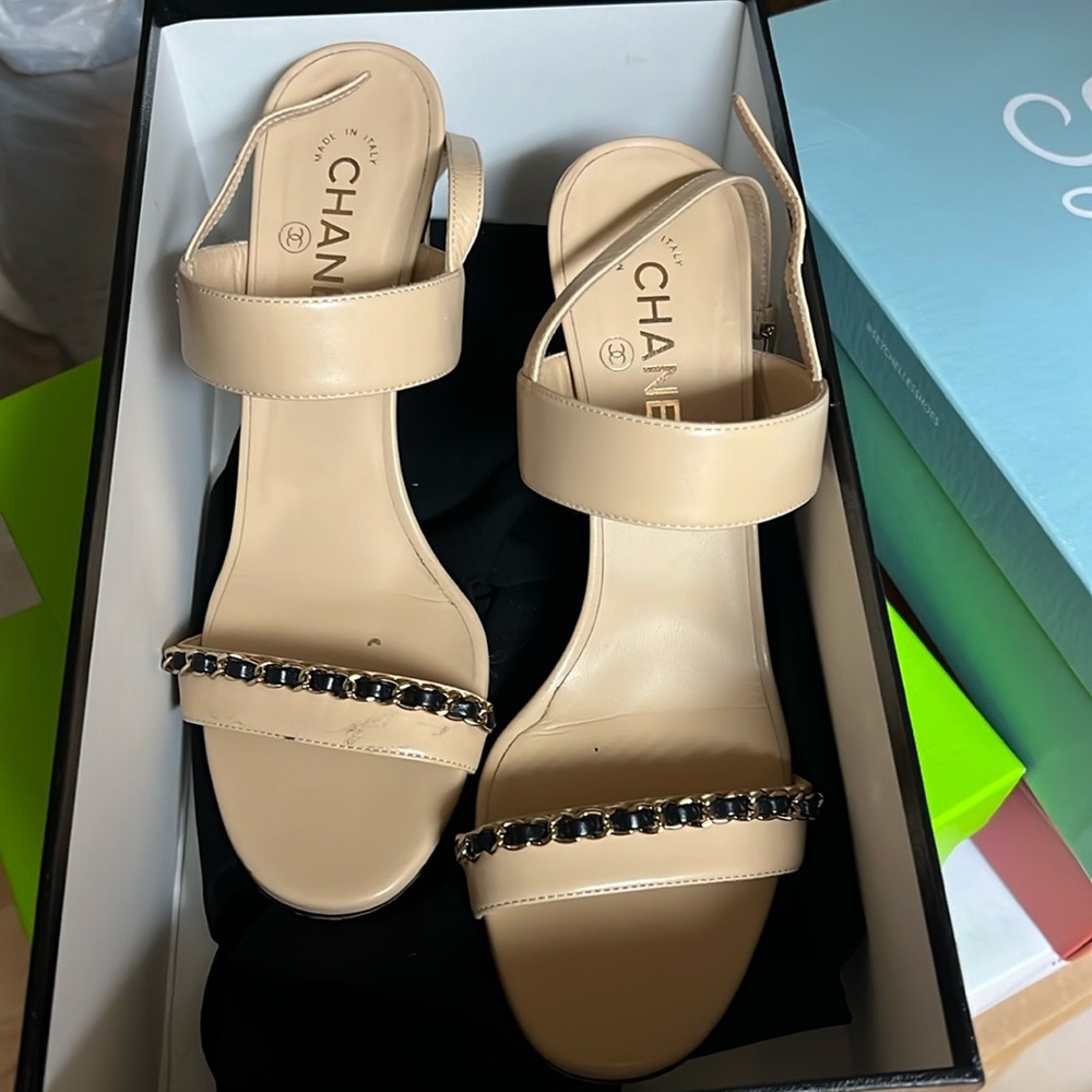 Chanel Beige Sandals with Black Accents